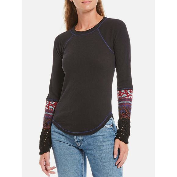 FREE PEOPLE womens sz S black In The Mix crochet cuff long sleeve boho top - Picture 1 of 8
